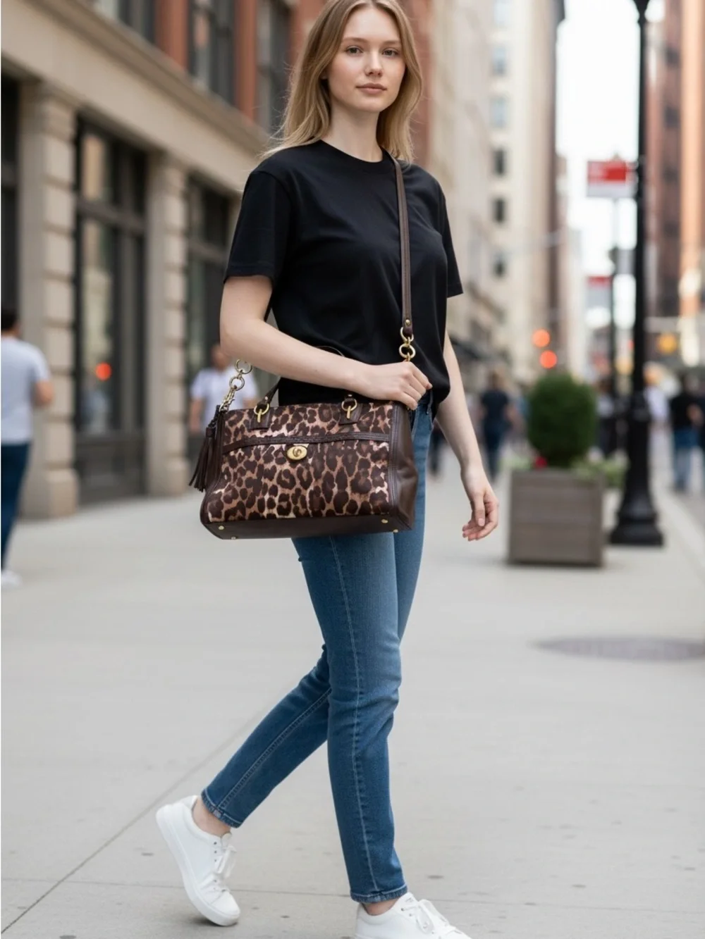 Coach Dark Brown Leopard Print Canvas and Leather Park Chain Ocelot shoulder bag